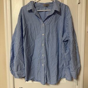 100% Cotton Woman Within Blue Striped Button Down Shirt